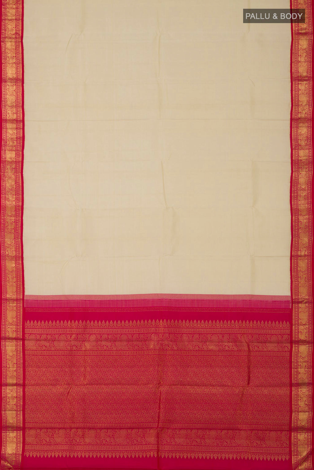 Flat view of Pure Silk Pure Zari Cream Kanjivaram Saree with Plain Body and Zari Border. 