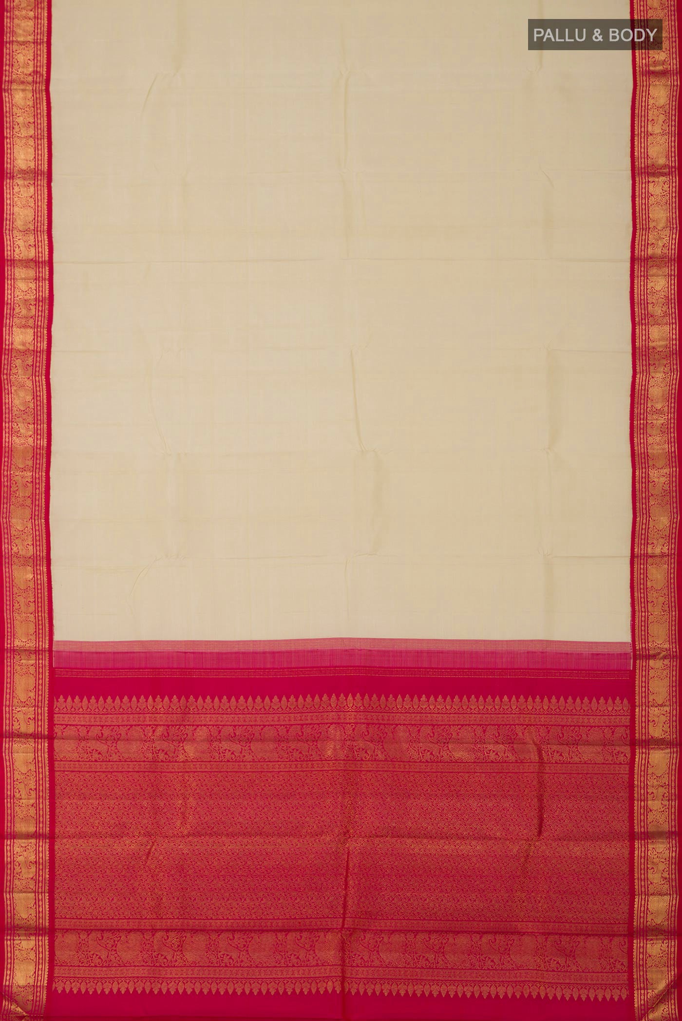 Flat view of Pure Silk Pure Zari Cream Kanjivaram Saree with Plain Body and Zari Border. 
