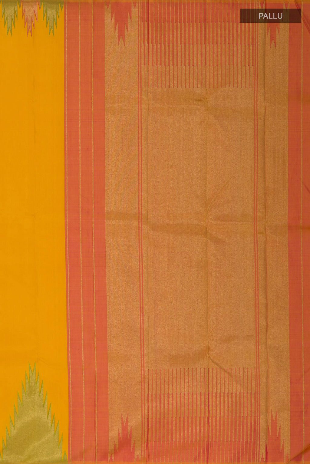 Close up image of the pallu of Pure Silk Pure Zari Yellow Kanjivaram Saree with Plain Body and Temple Border. 