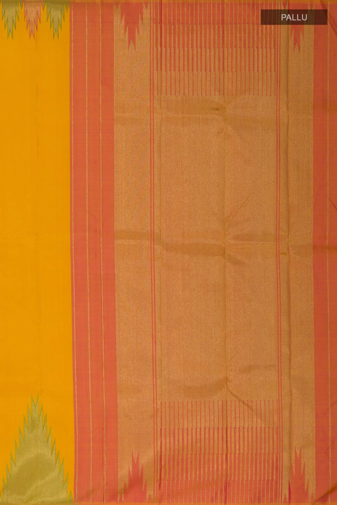 Close up image of the pallu of Pure Silk Pure Zari Yellow Kanjivaram Saree with Plain Body and Temple Border. 