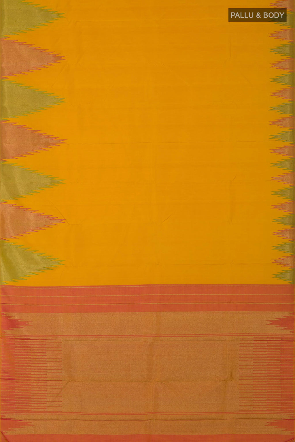 Flat view of Pure Silk Pure Zari Yellow Kanjivaram Saree with Plain Body and Temple Border. 