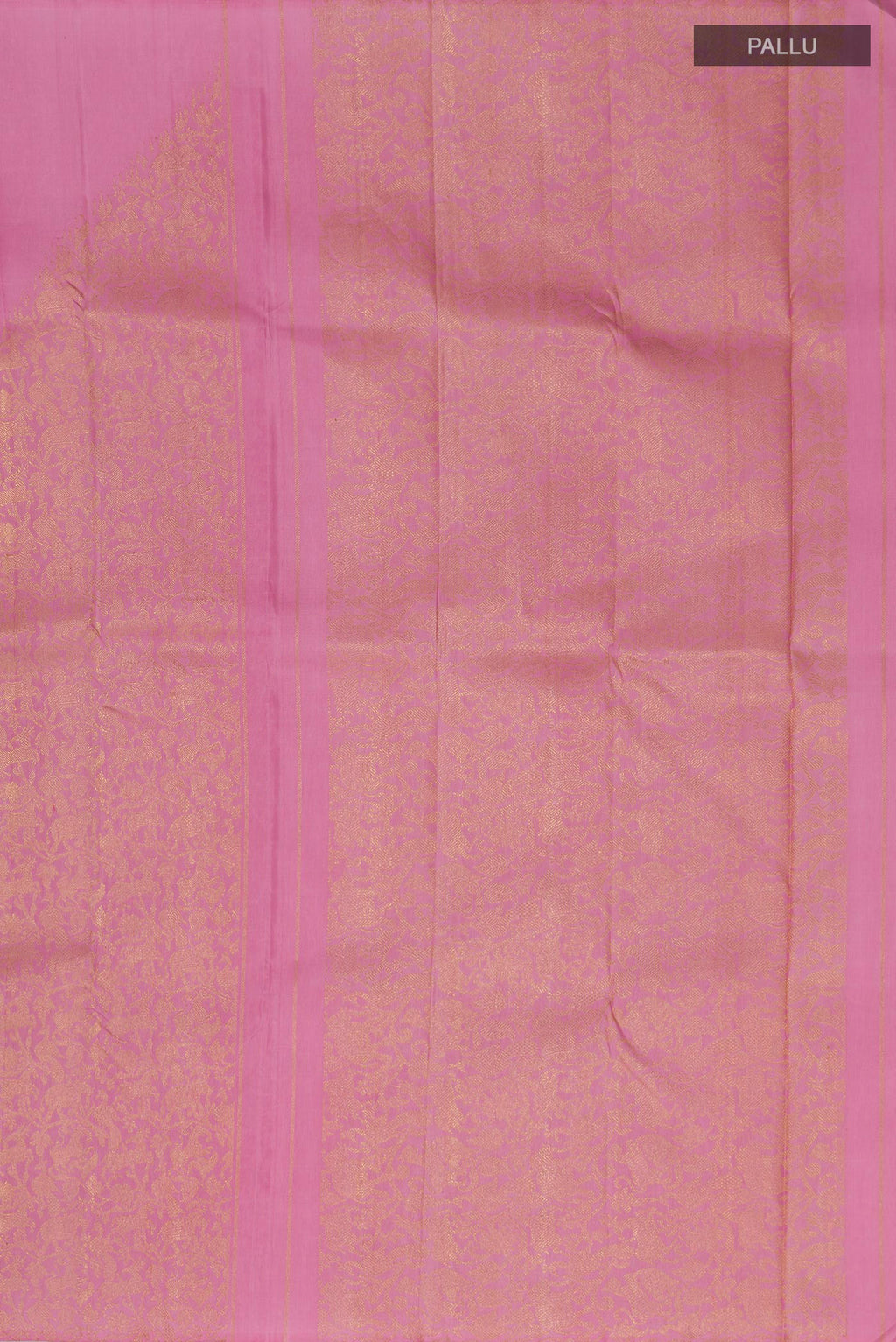 Close up image of the pallu of Pure Silk Pure Zari Pink Kanjivaram Saree with Zari Brocade on the body and Without Border. 