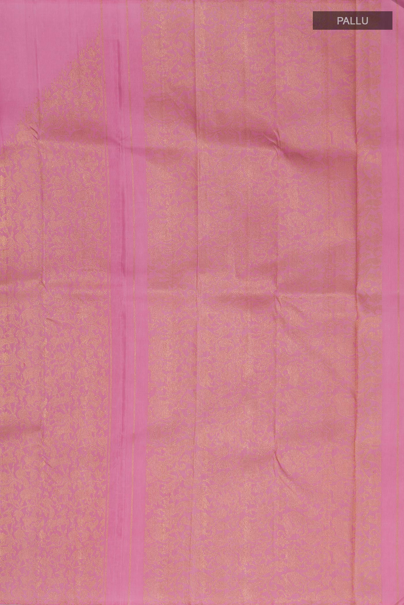 Close up image of the pallu of Pure Silk Pure Zari Pink Kanjivaram Saree with Zari Brocade on the body and Without Border. 