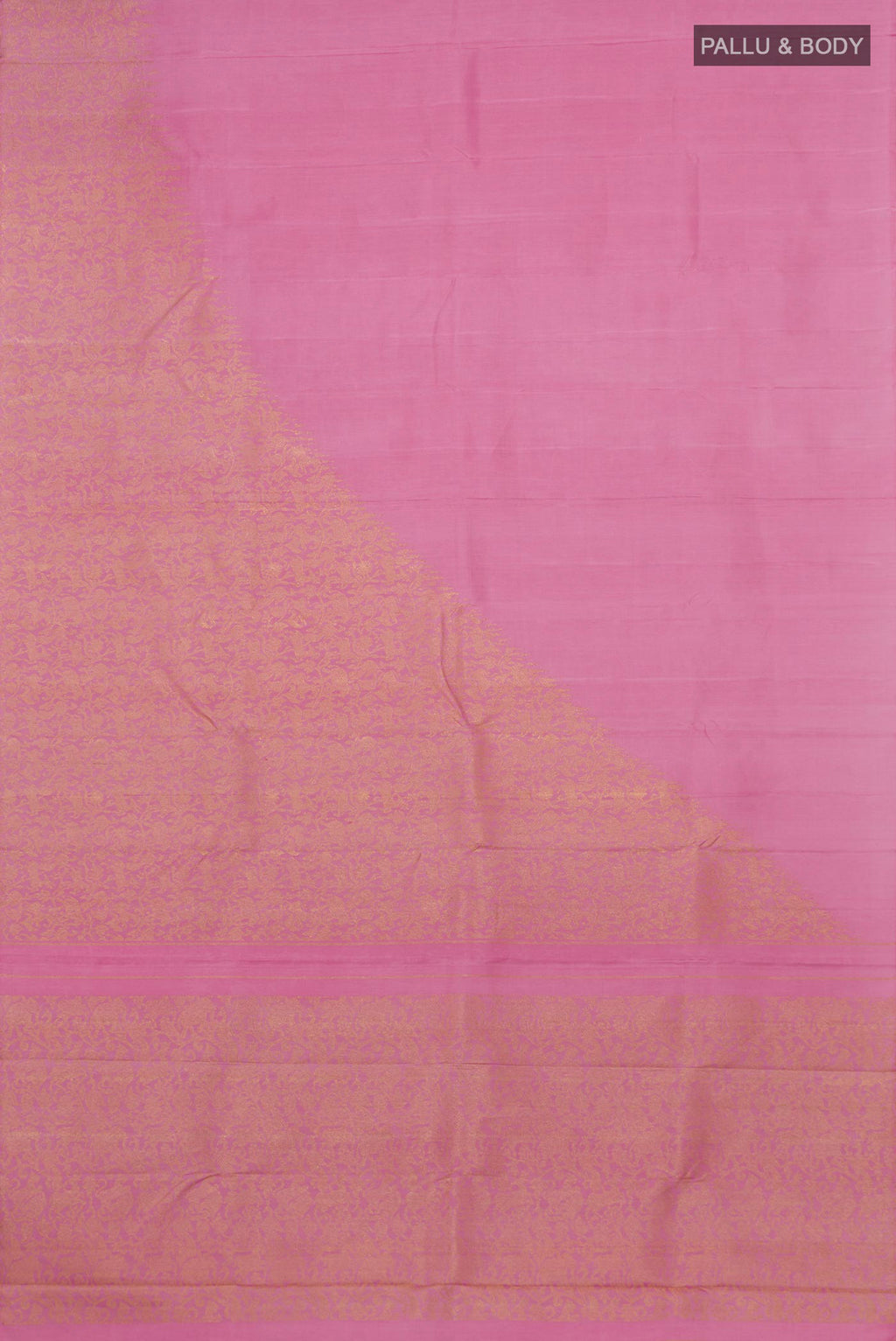 Flat view of Pure Silk Pure Zari Pink Kanjivaram Saree with Zari Brocade on the body and Without Border. 