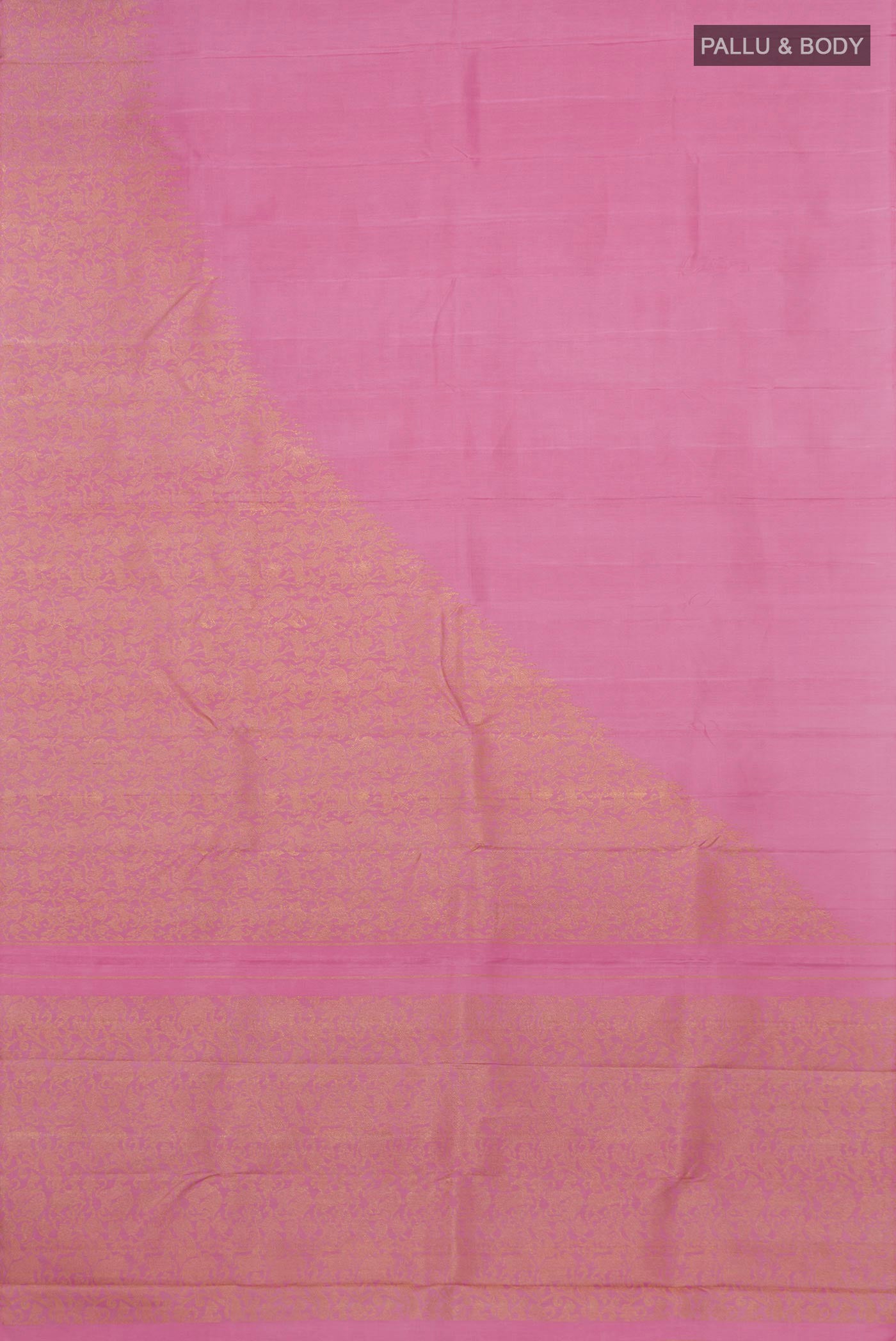 Flat view of Pure Silk Pure Zari Pink Kanjivaram Saree with Zari Brocade on the body and Without Border. 
