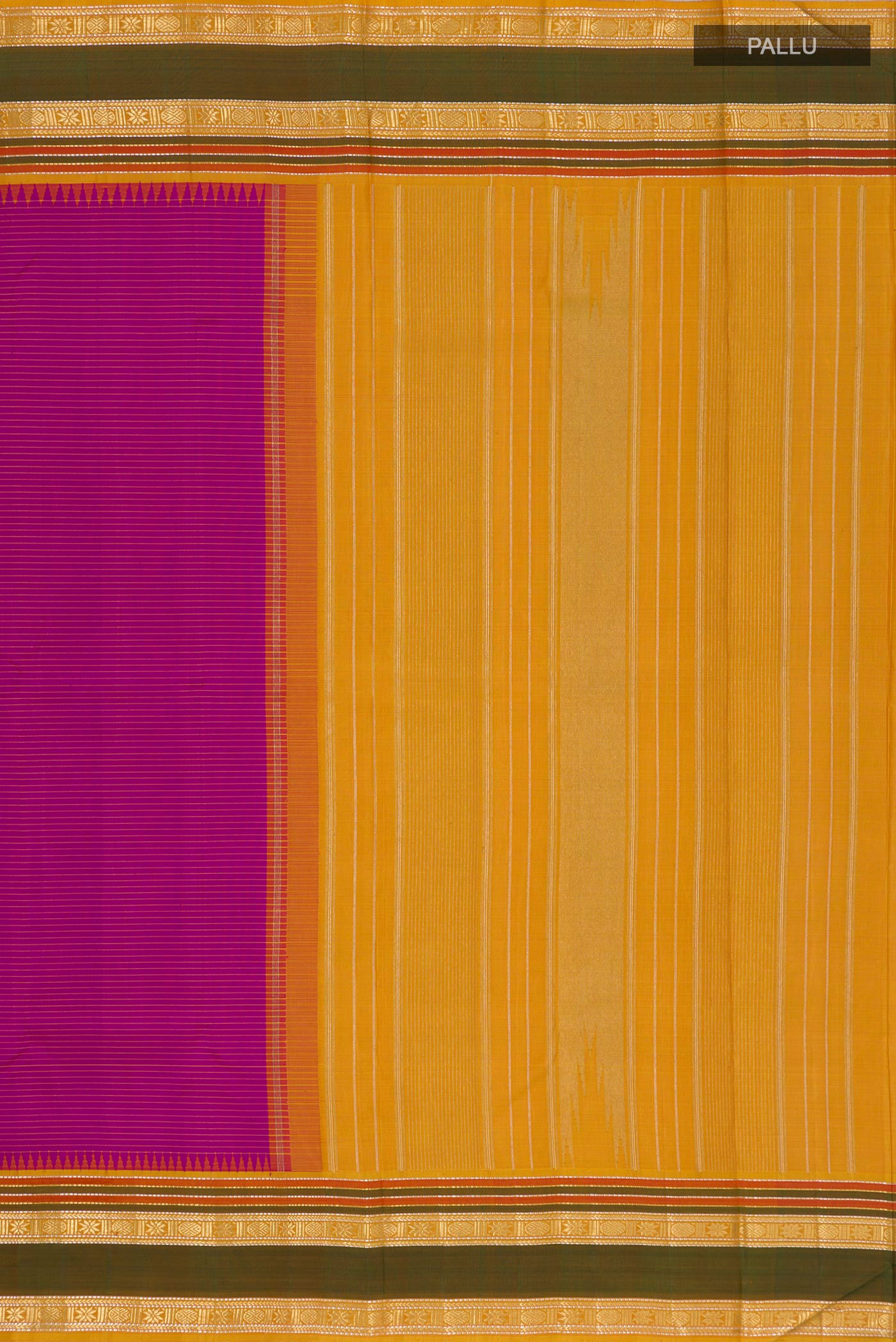 Close up image of the pallu of Pure Silk Pure Zari Purple Kanchipuram Saree with Stripes on the body and Zari Border. 
