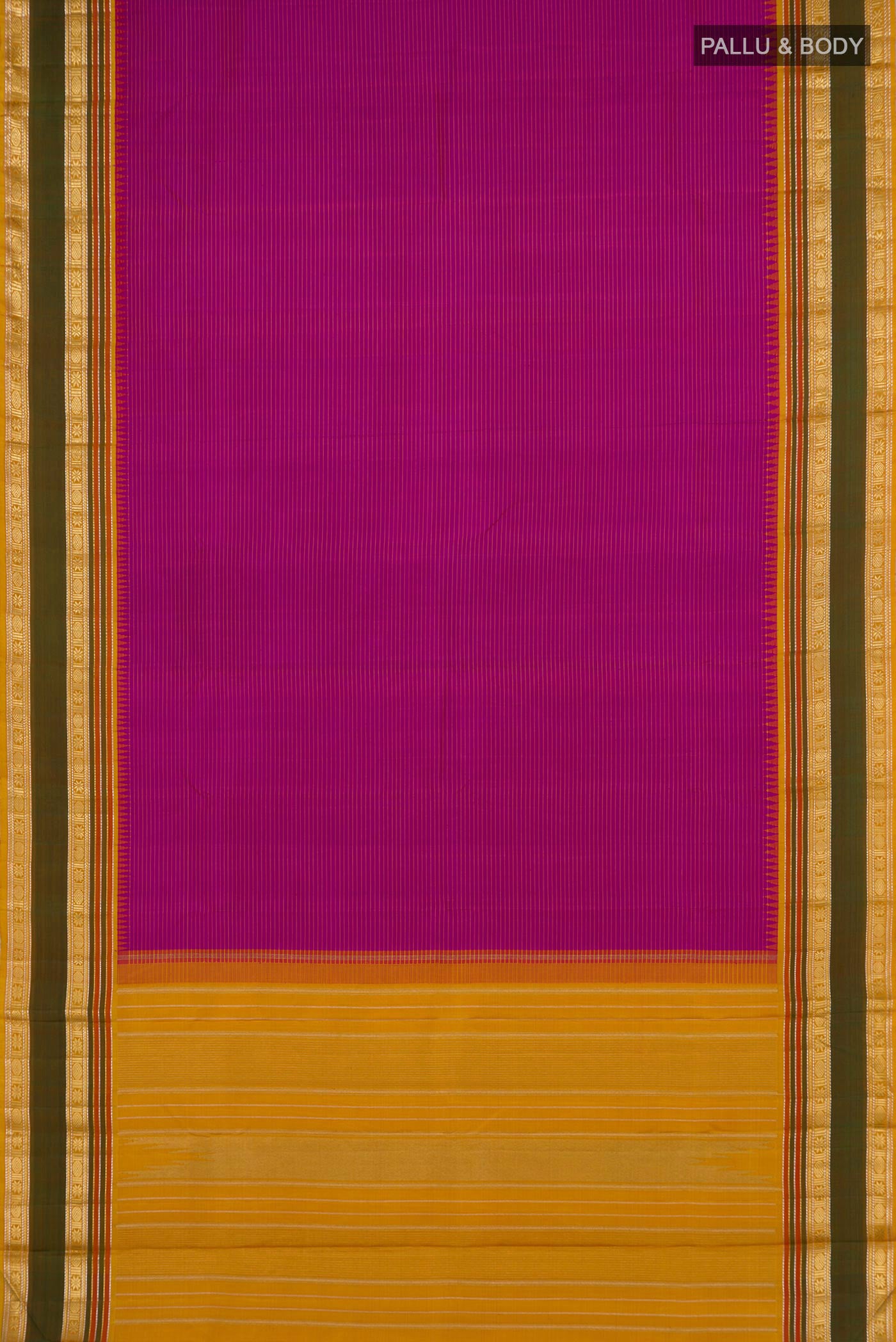 Flat view of Pure Silk Pure Zari Purple Kanchipuram Saree with Stripes on the body and Zari Border. 