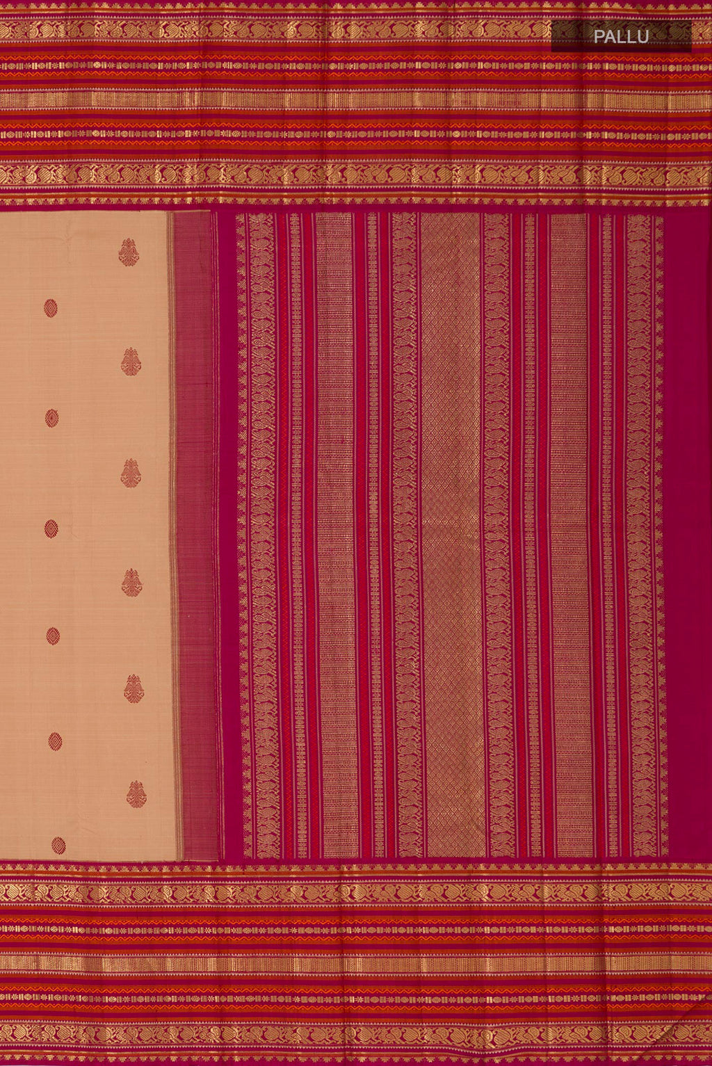 Close up image of the pallu of Pure Silk Pure Zari Cream Kanjivaram Saree with Thread Butta on the body and Zari Border. 