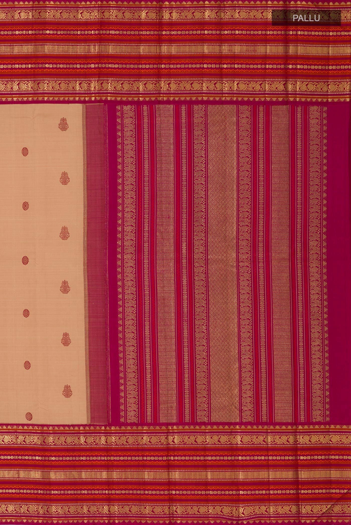 Close up image of the pallu of Pure Silk Pure Zari Cream Kanjivaram Saree with Thread Butta on the body and Zari Border. 