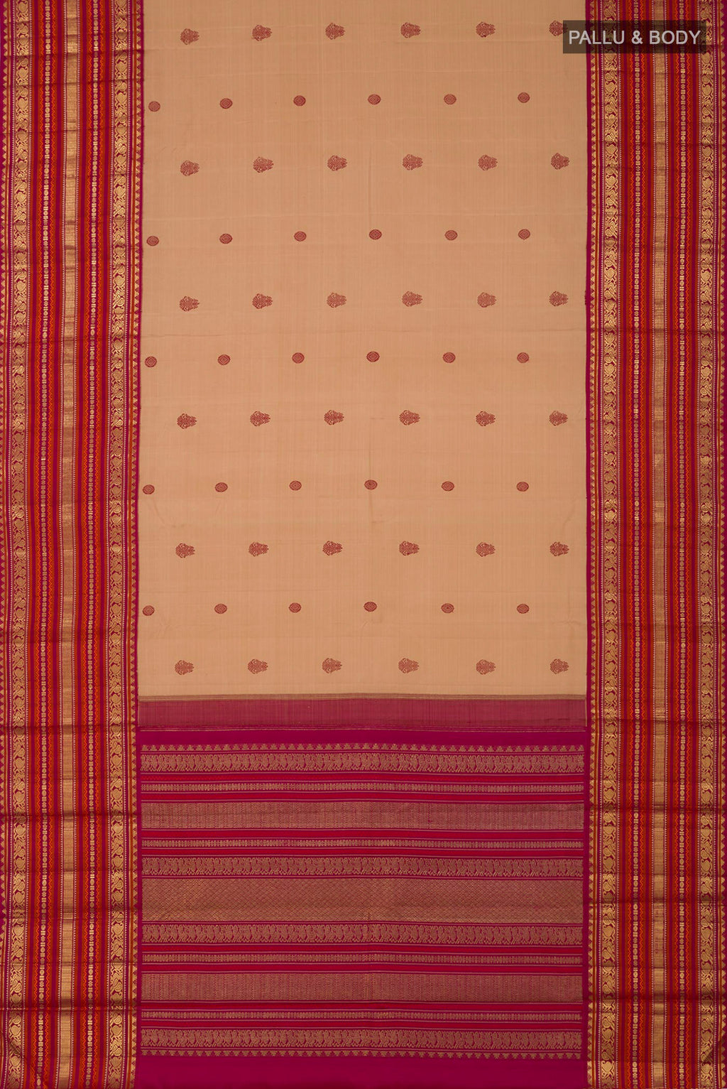 Flat view of Pure Silk Pure Zari Cream Kanjivaram Saree with Thread Butta on the body and Zari Border. 