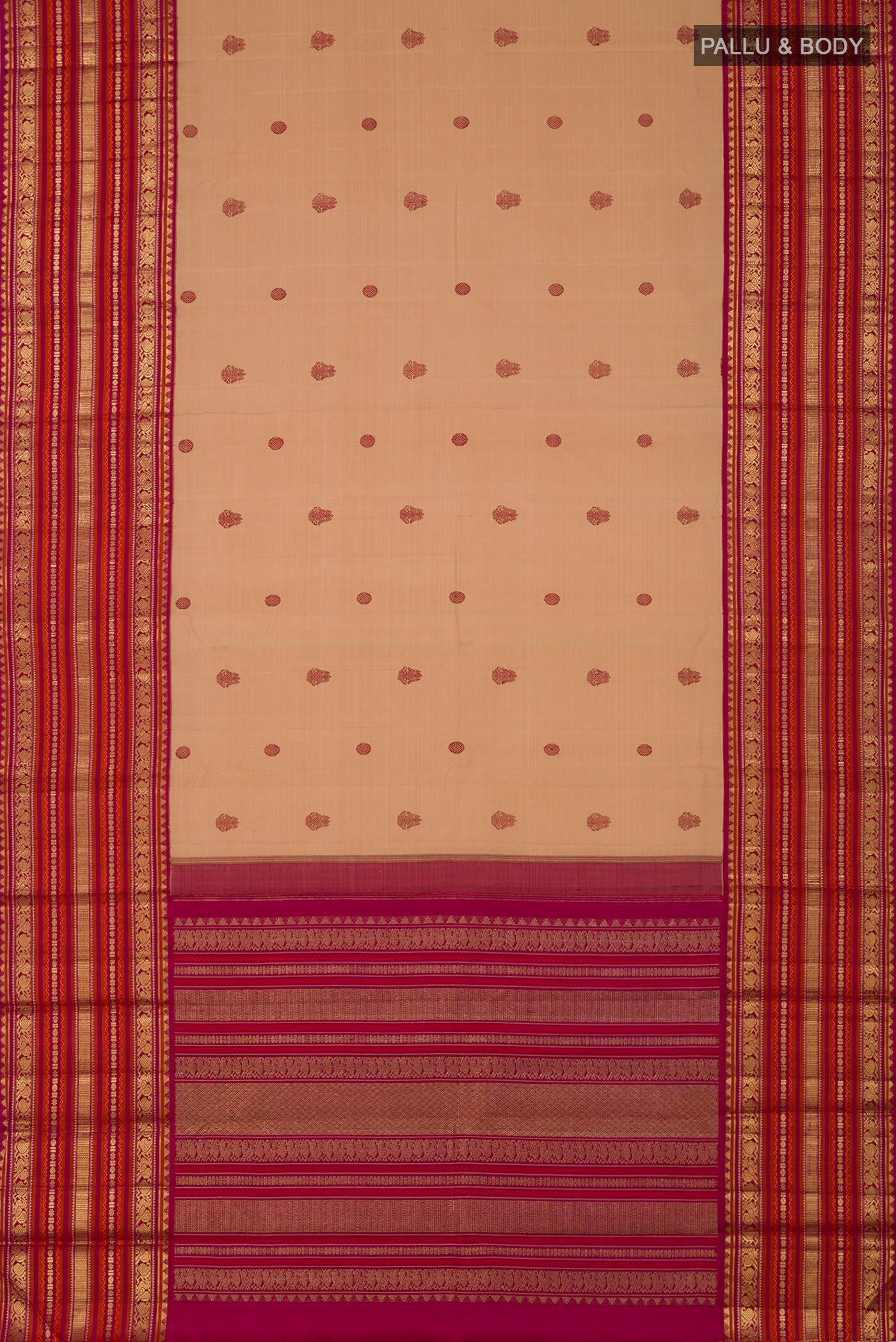 Flat view of Pure Silk Pure Zari Cream Kanjivaram Saree with Thread Butta on the body and Zari Border. 