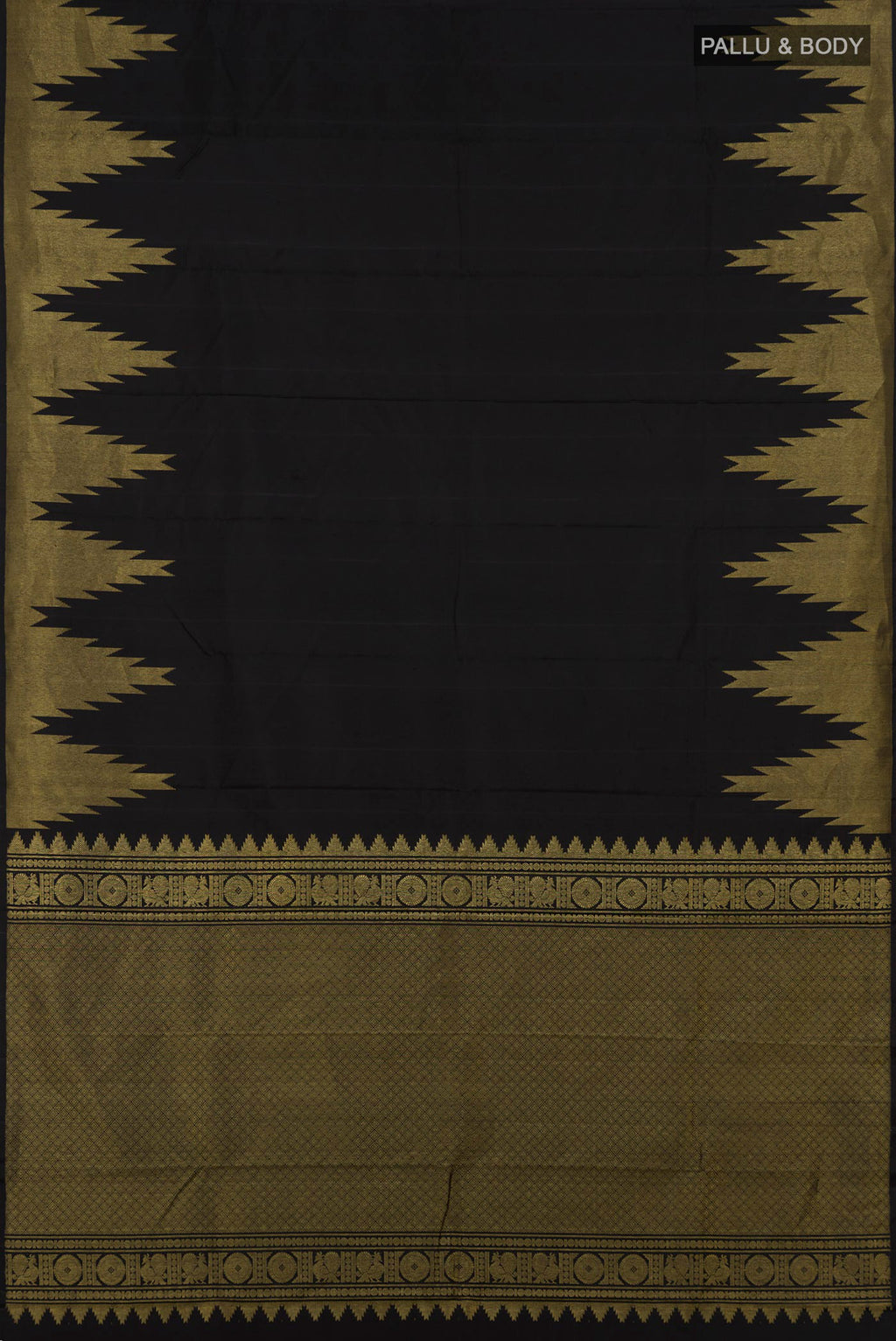 Flat view of Pure Silk Black Kanchipuram Saree with Plain Body and Temple Border. 