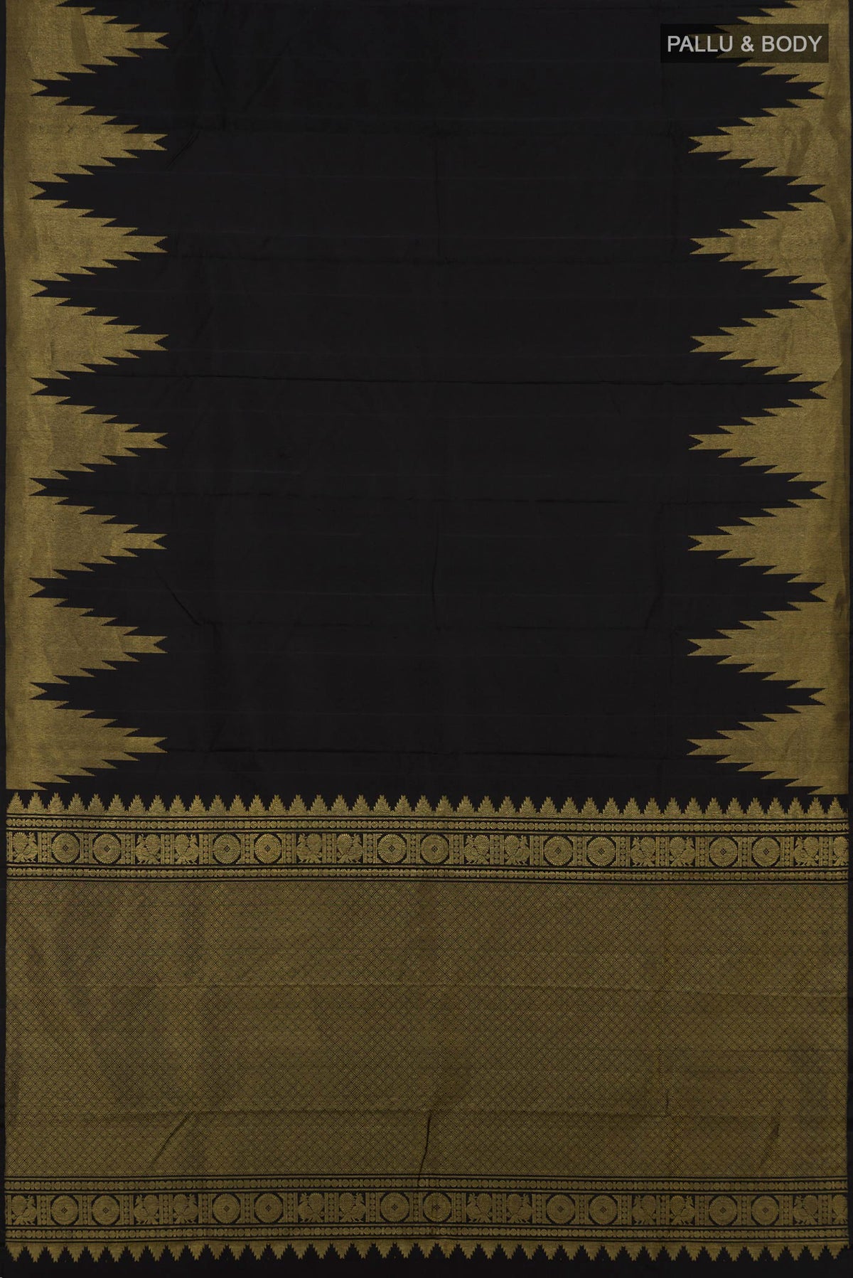 Flat view of Pure Silk Black Kanchipuram Saree with Plain Body and Temple Border. 