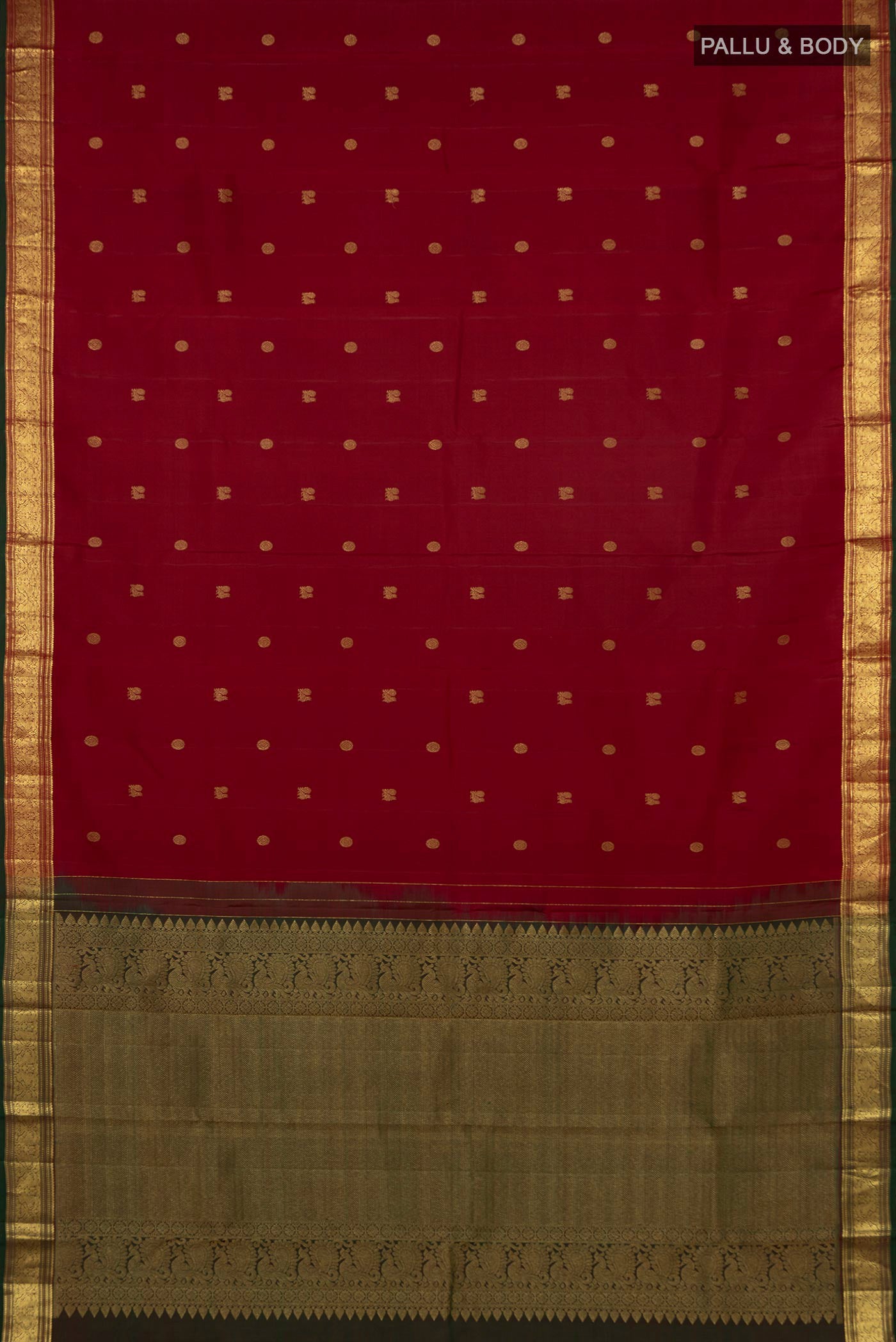 Flat view of Maroon Kanchipuram Saree with Zari Butta on the body and Zari Border. 