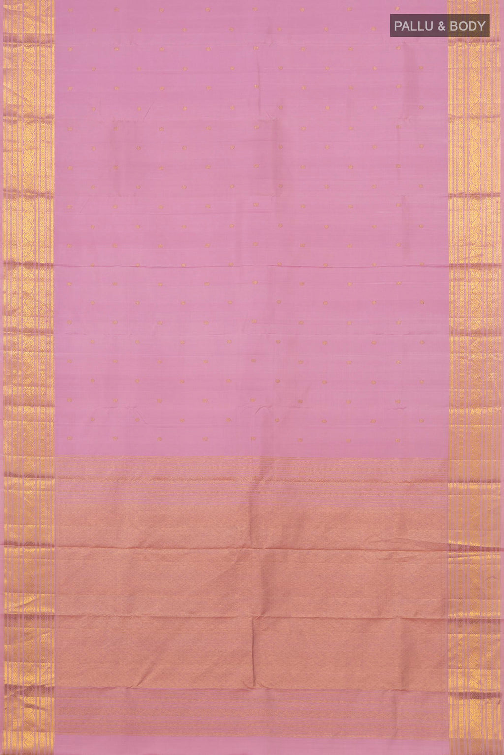 Flat view of Pink Kanjivaram Saree with Zari Butta on the body and Zari Border. 