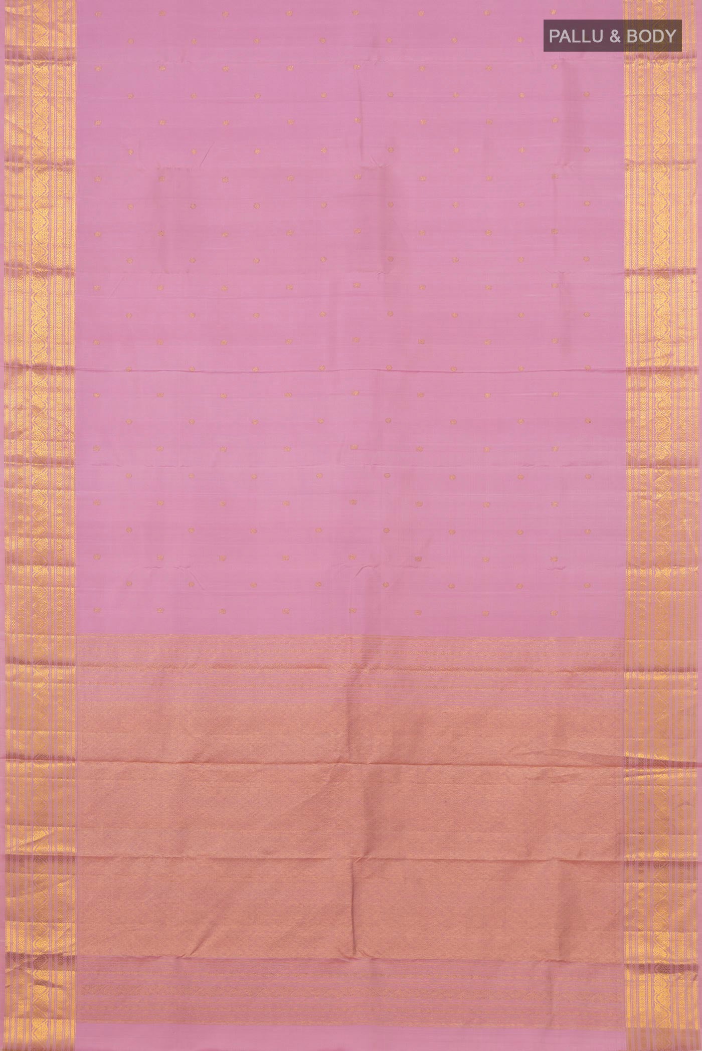 Flat view of Pink Kanjivaram Saree with Zari Butta on the body and Zari Border. 