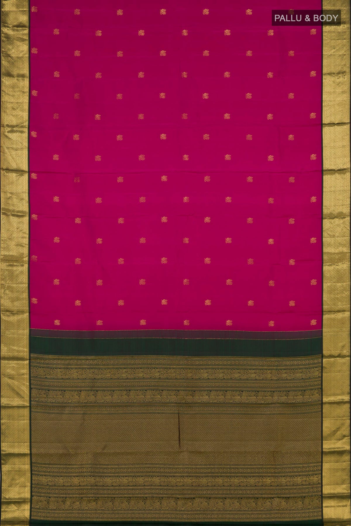 Flat view of Dark Pink Kanchipuram Silk Saree with Zari Butta on the body and Zari Border. 