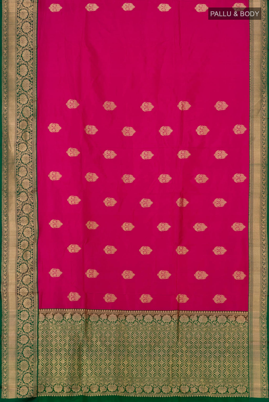 Flat view of Pink Banarasi Katan Silk Saree with Zari Butta on the body and Zari Border. 