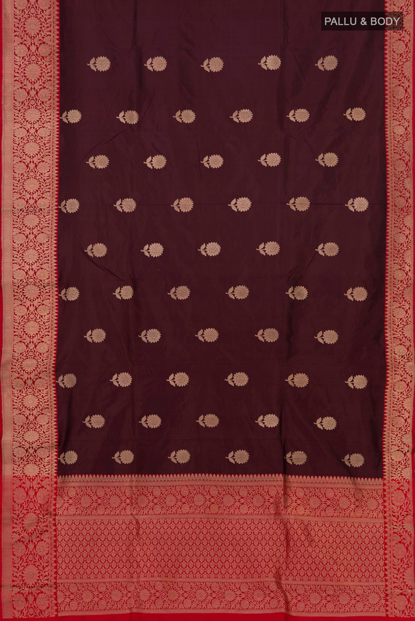 Flat view of Maroon Banarasi Katan Silk Saree with Zari Butta on the body and Zari Border. 