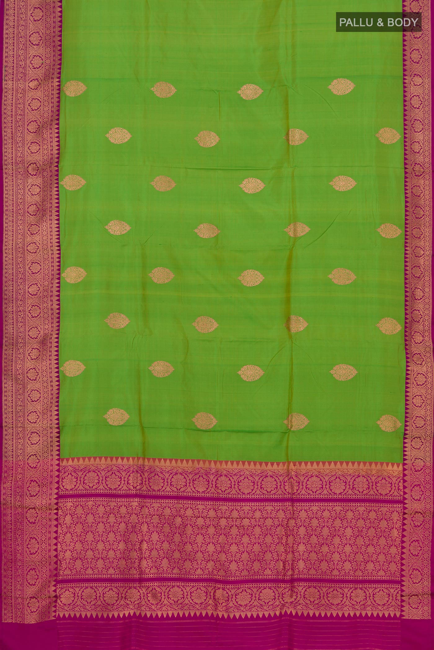 Flat view of Parrot Green Banarasi Katan Silk Saree with Zari Butta on the body and Zari Border. 