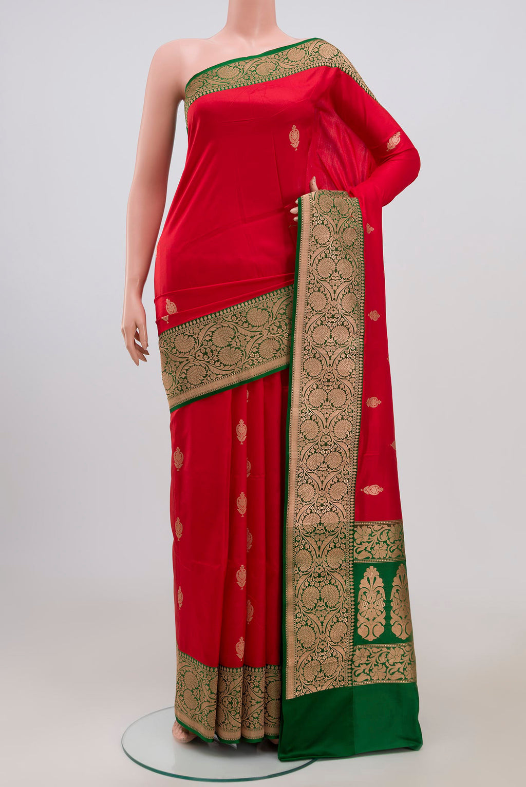 Red Banarasi Katan Silk Saree with Zari Butta on the body and Zari Border.  displayed on a mannequin