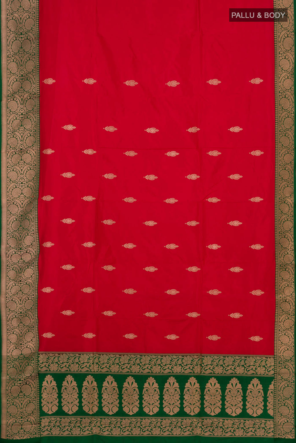 Flat view of Red Banarasi Katan Silk Saree with Zari Butta on the body and Zari Border. 