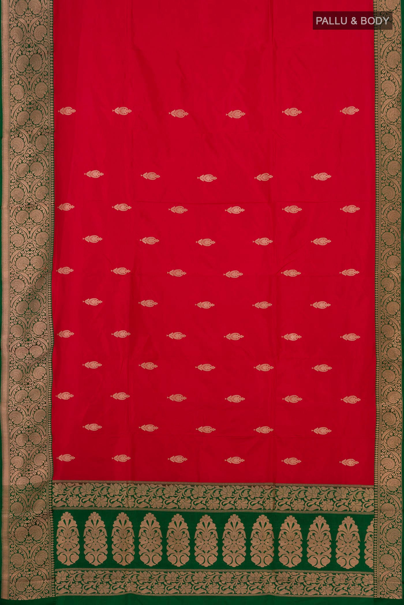 Flat view of Red Banarasi Katan Silk Saree with Zari Butta on the body and Zari Border. 
