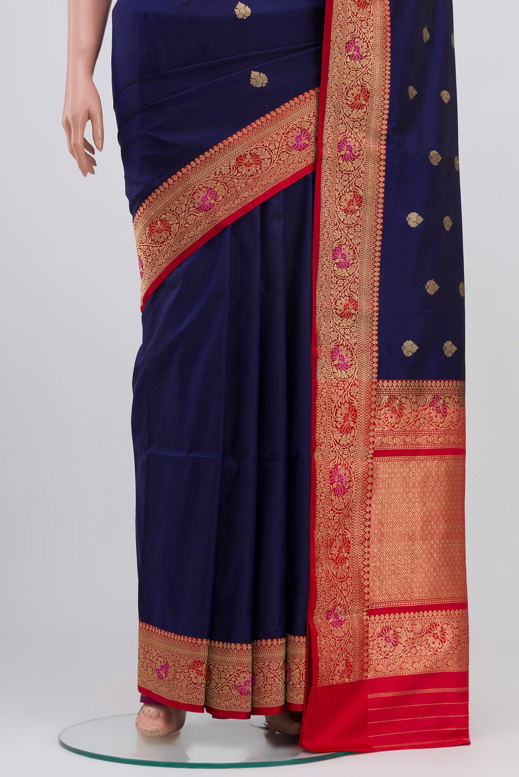 Pleats and pallu of Blue Banarasi Katan Silk Saree with Zari Butta on the body and Zari Border. 