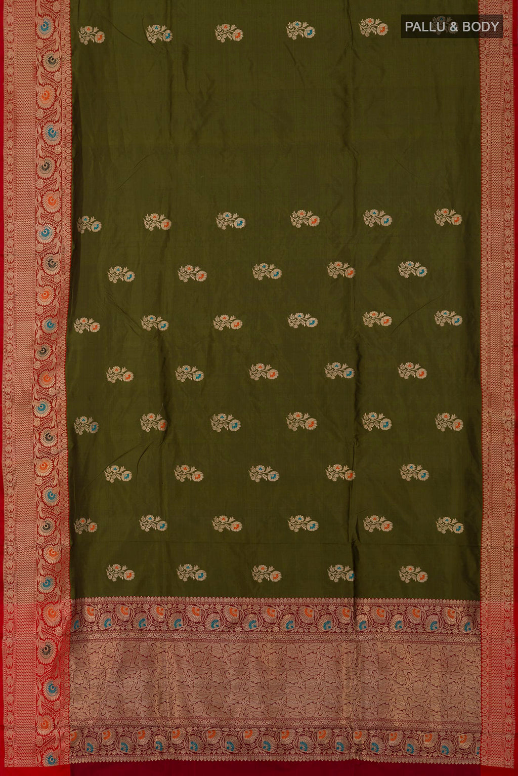 Flat view of Mehandi Green Banarasi Katan Silk Saree with Zari Butta on the body and Zari Border. 