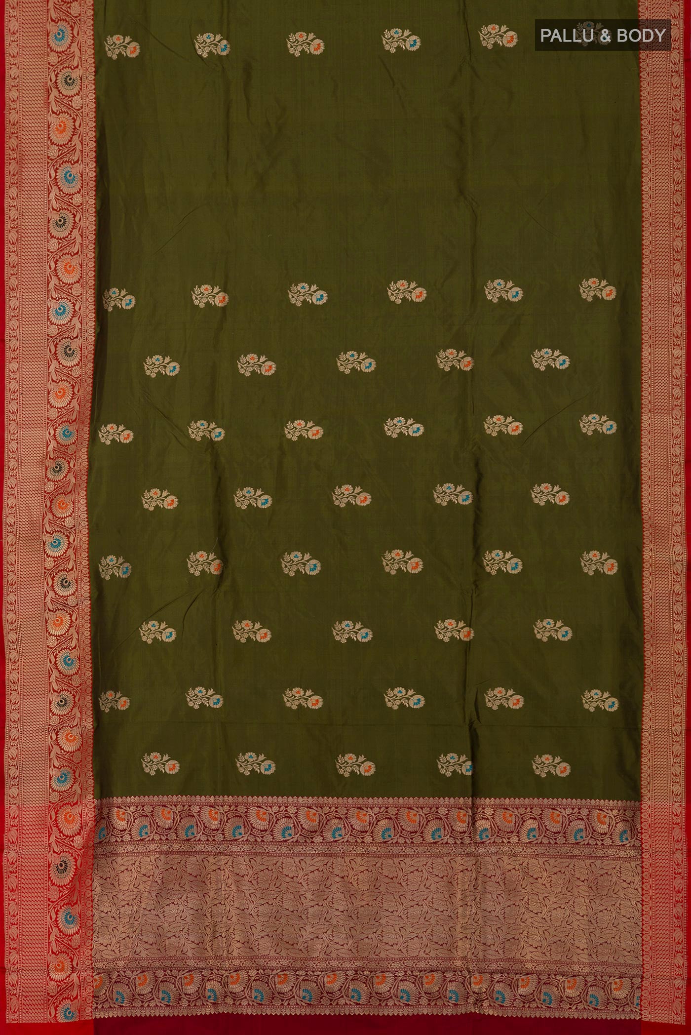 Flat view of Mehandi Green Banarasi Katan Silk Saree with Zari Butta on the body and Zari Border. 
