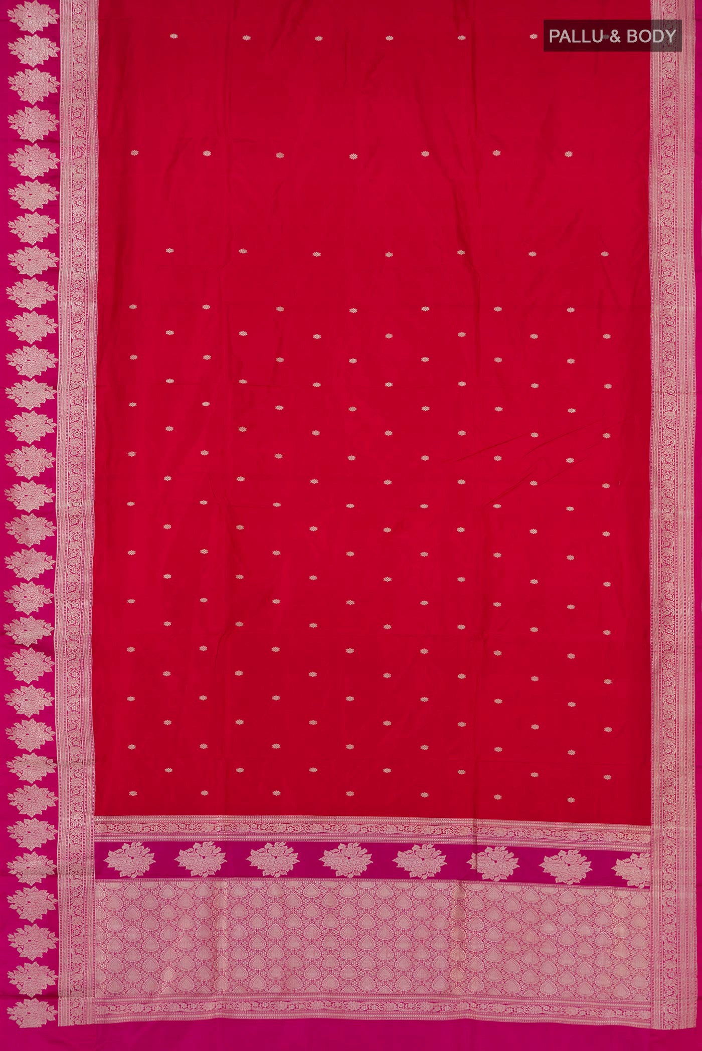 Flat view of Red Banarasi Katan Silk Saree with Zari Butta on the body and Fancy Border. 