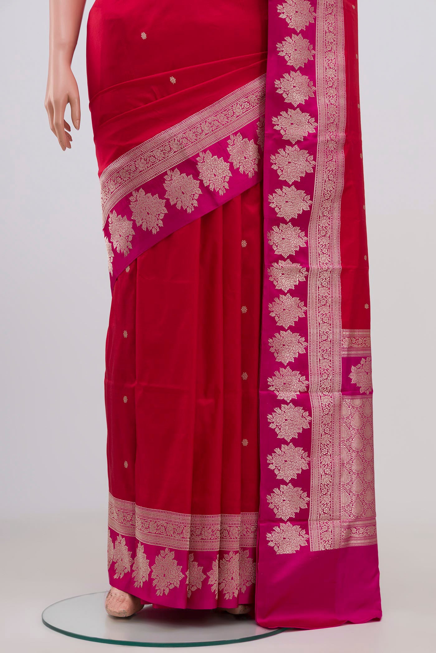 Pleats and pallu of Red Banarasi Katan Silk Saree with Zari Butta on the body and Fancy Border. 