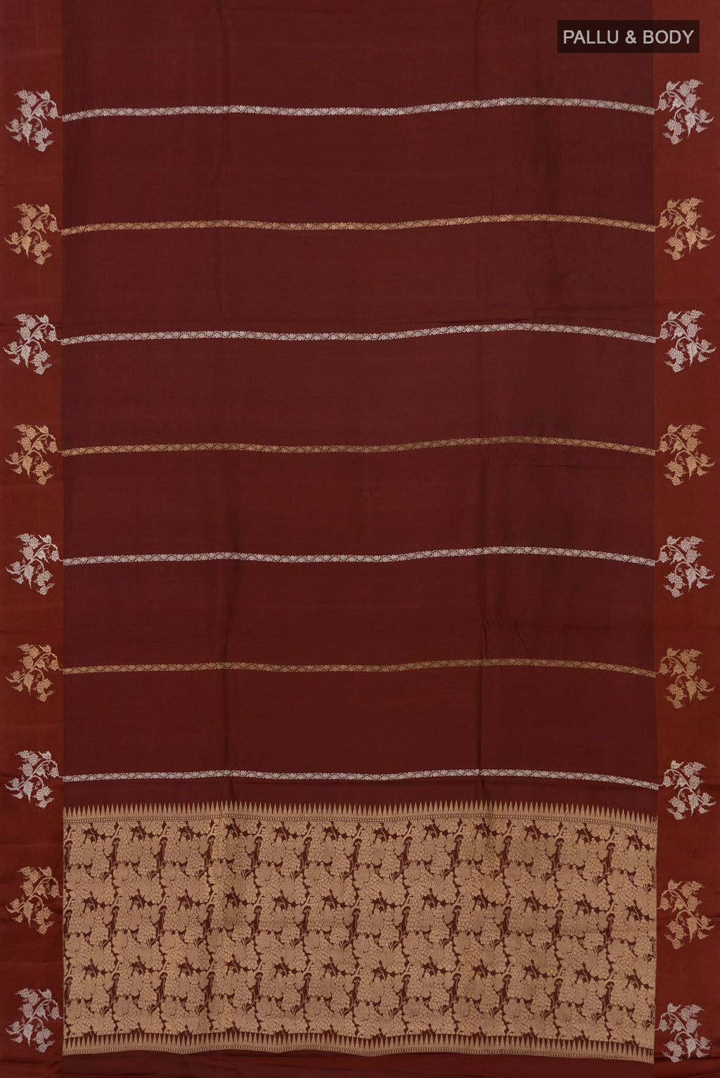 Flat view of Brown Banarasi Katan Silk Saree with Fancy on the body and Fancy Border. 