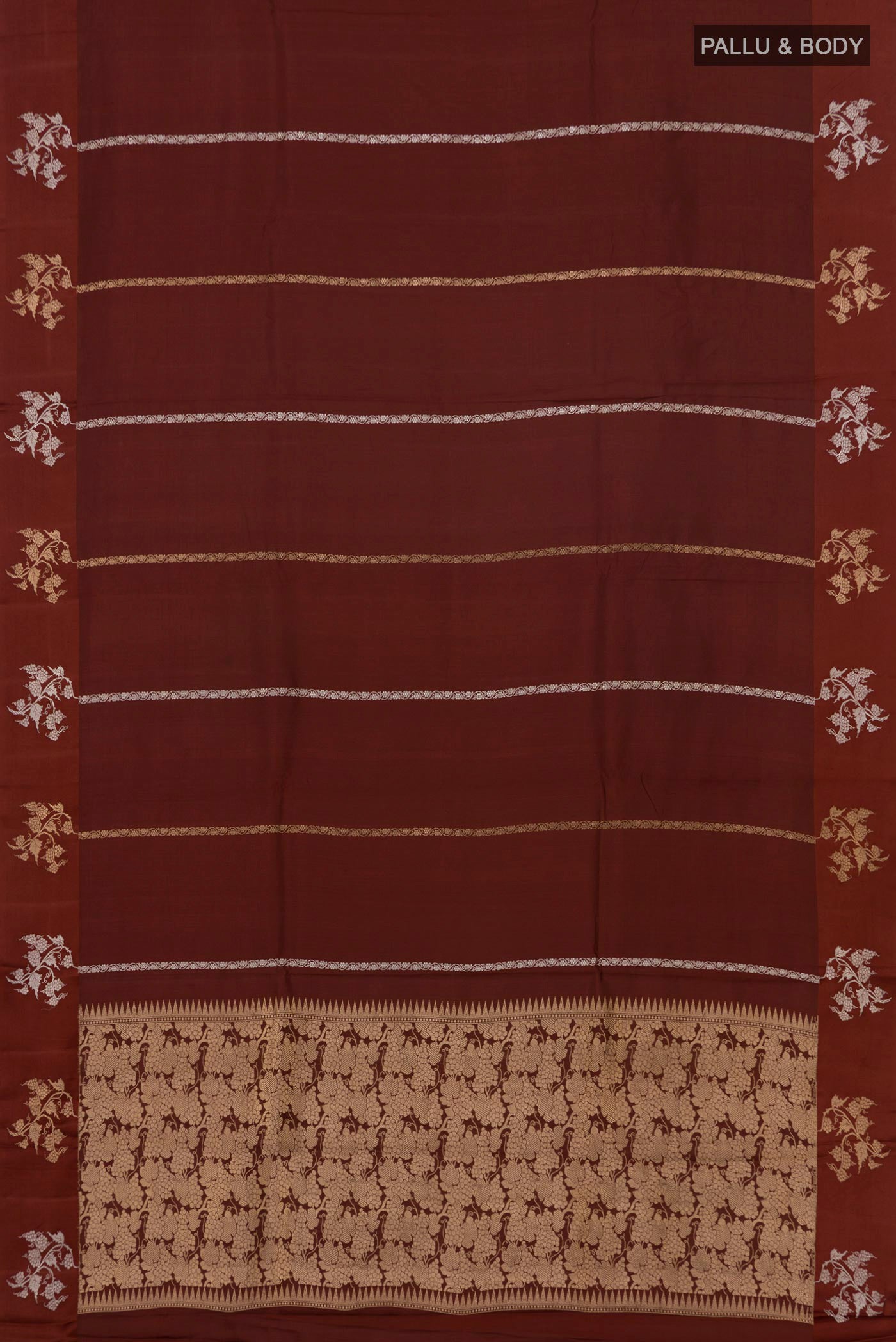 Flat view of Brown Banarasi Katan Silk Saree with Fancy on the body and Fancy Border. 