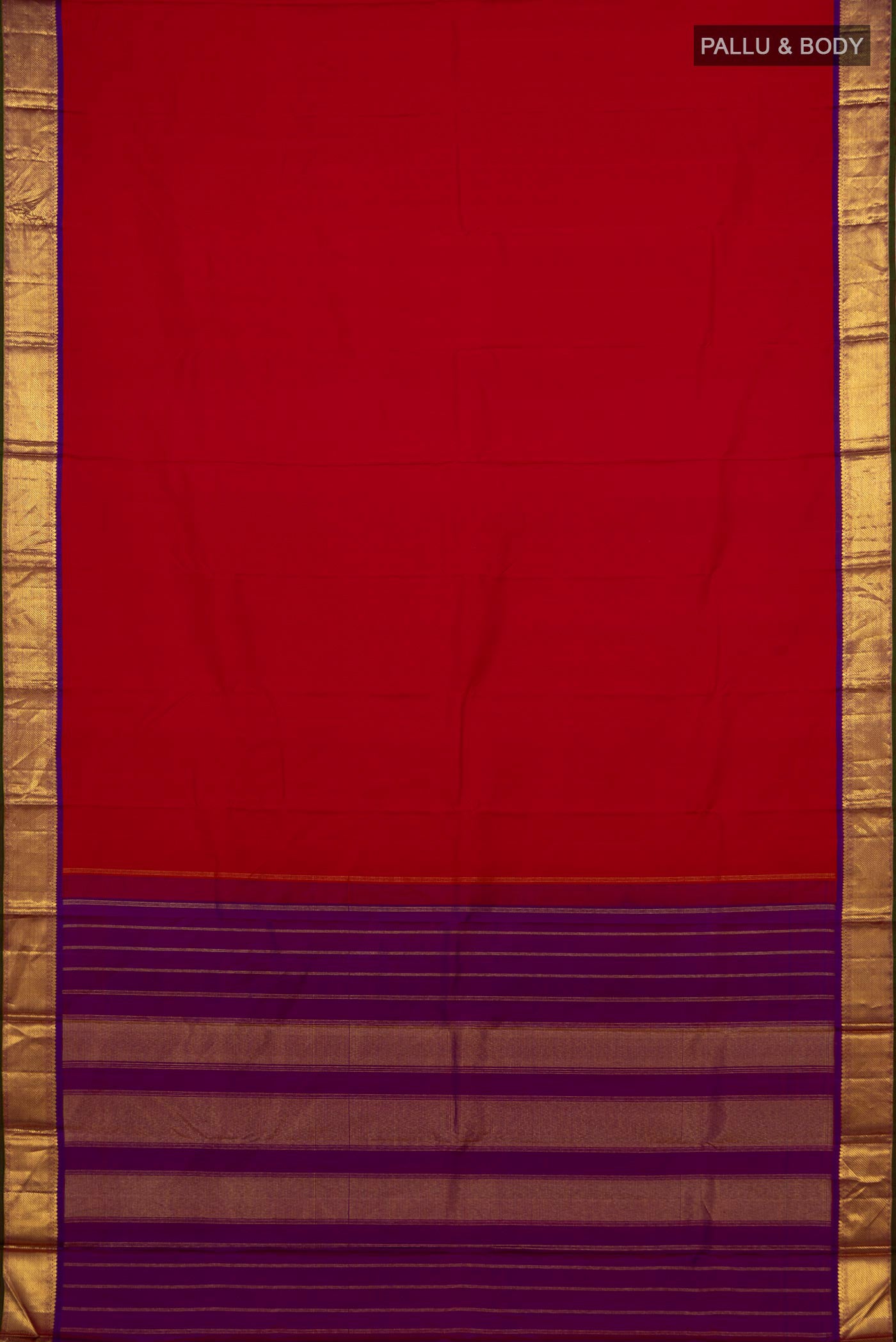 Flat view of Pure Silk Pure Zari Red Kanchipuram Saree with Plain Body and Zari Border. 