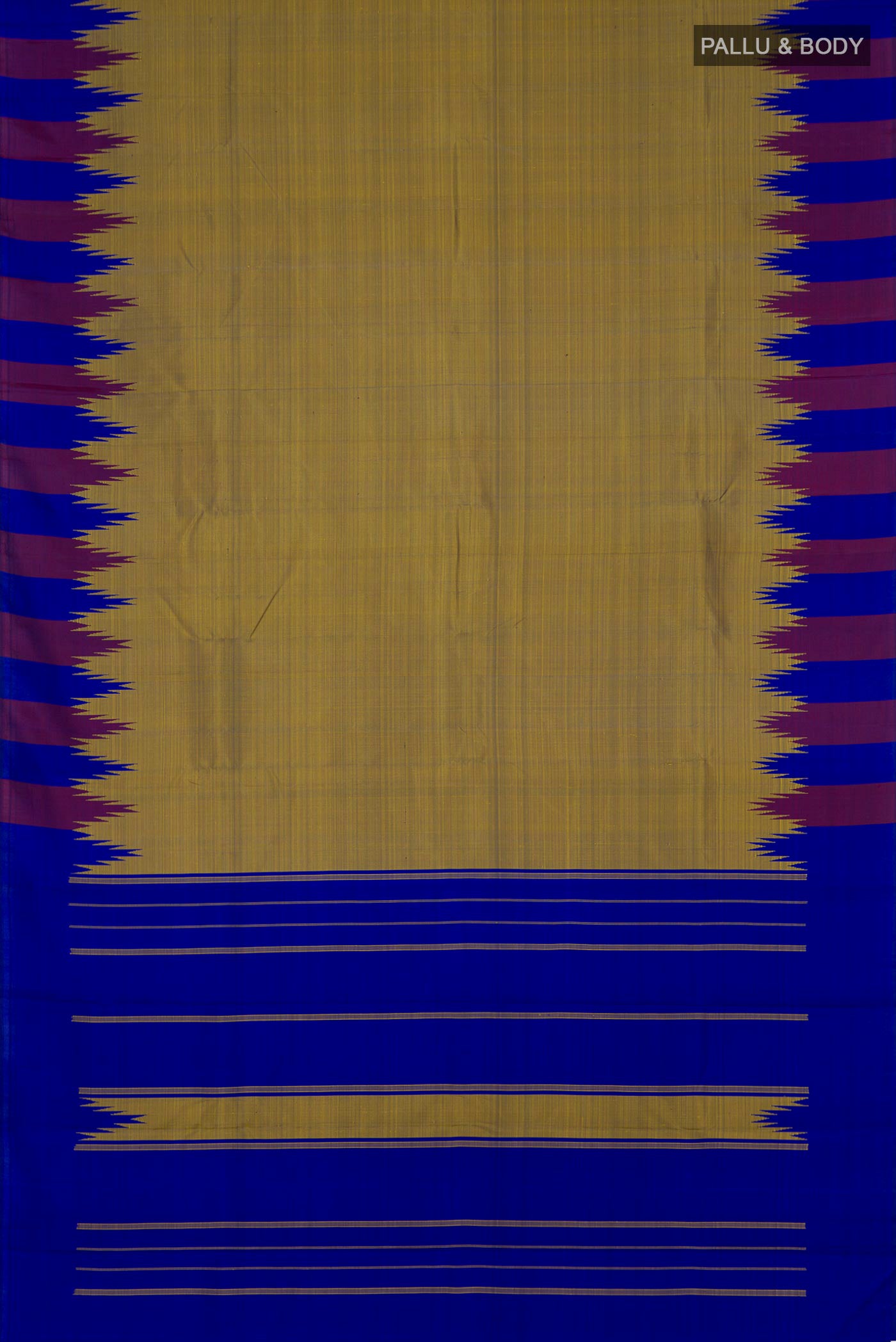 Flat view of Green Dual Tone Kanchipuram Silk Saree with Plain Body and Temple Border. 