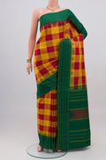 Multi Color Kanjivaram Silk Saree with Checked design on the body and Plain Border.  displayed on a mannequin