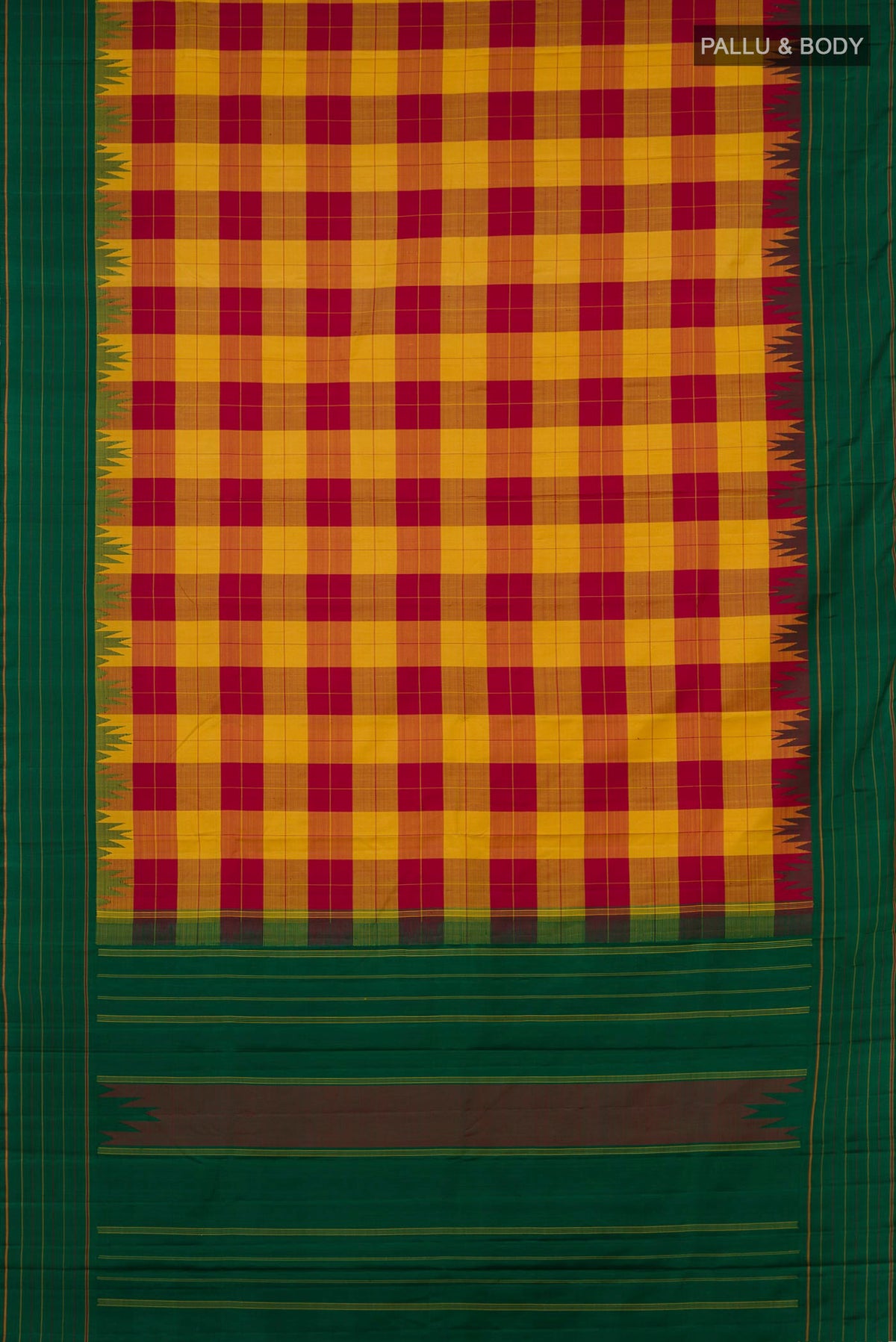 Flat view of Multi Color Kanjivaram Silk Saree with Checked design on the body and Plain Border. 