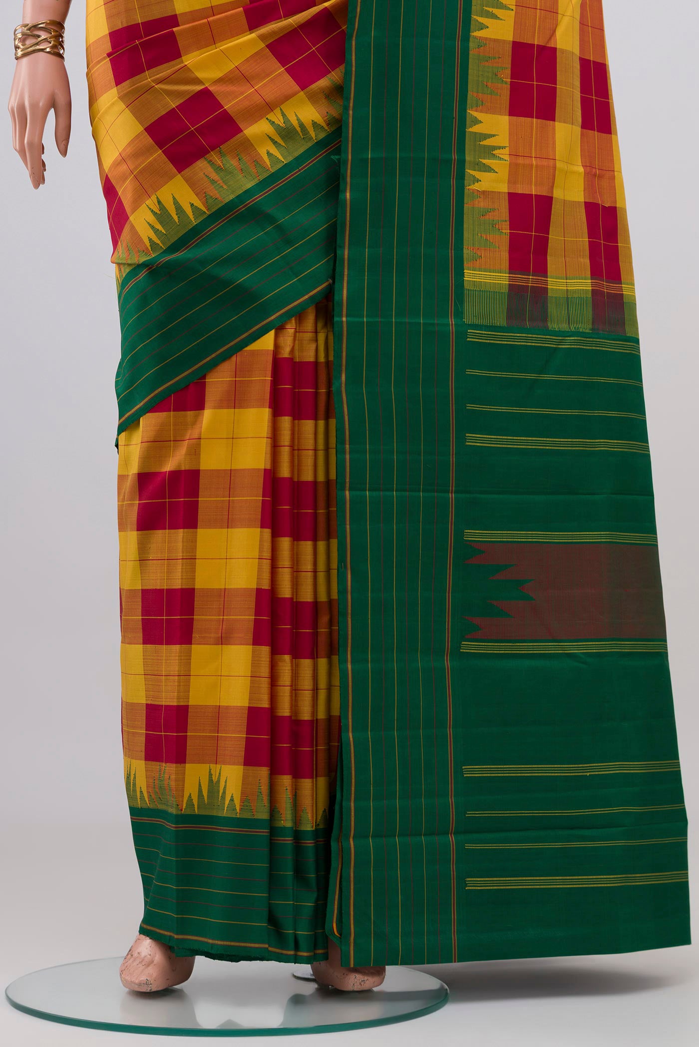 Pleats and pallu of Multi Color Kanjivaram Silk Saree with Checked design on the body and Plain Border. 