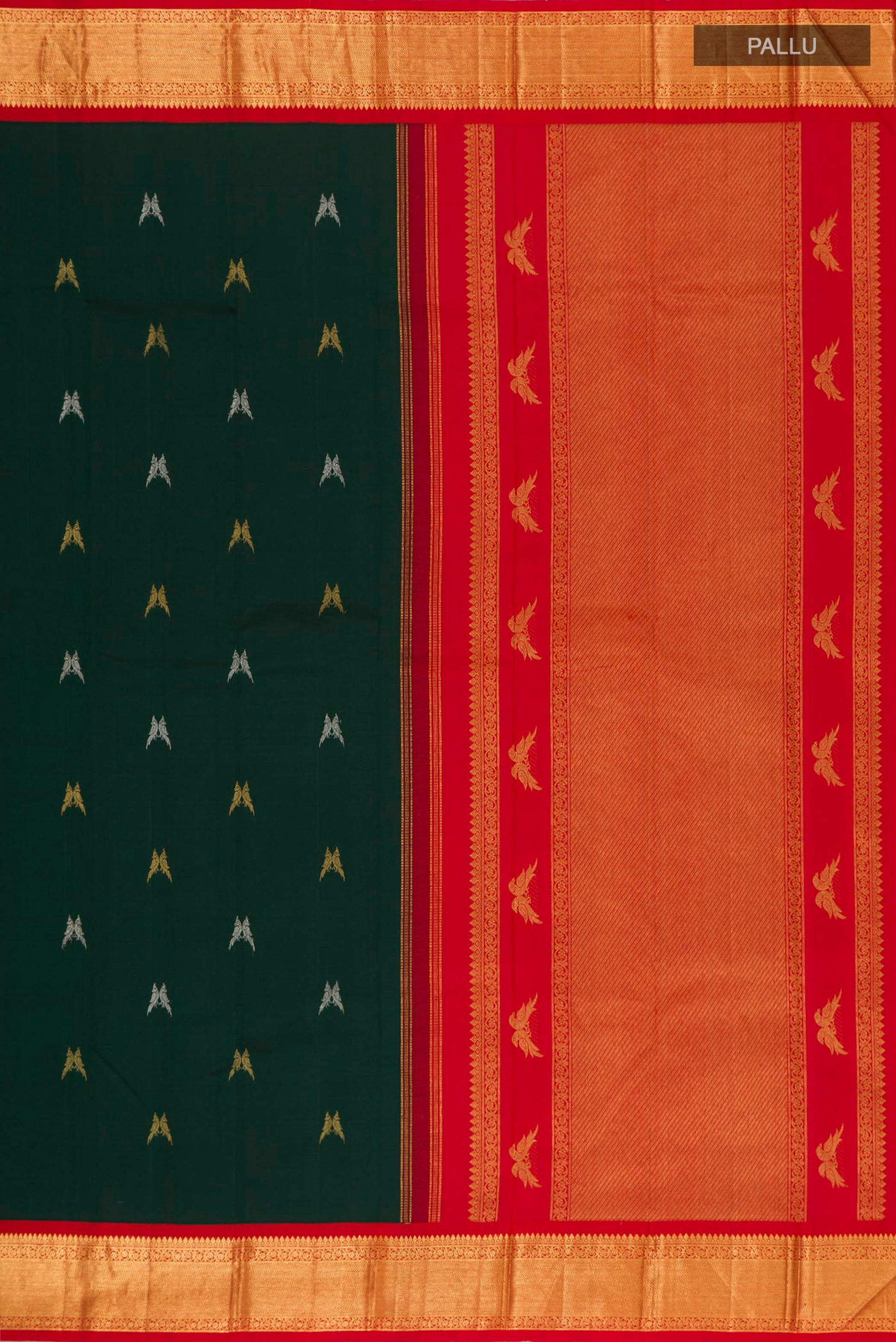 Close up image of the pallu of Pure Silk Pure Zari Bottle Green Kanjivaram Saree with Zari Butta on the body and Zari Border. 