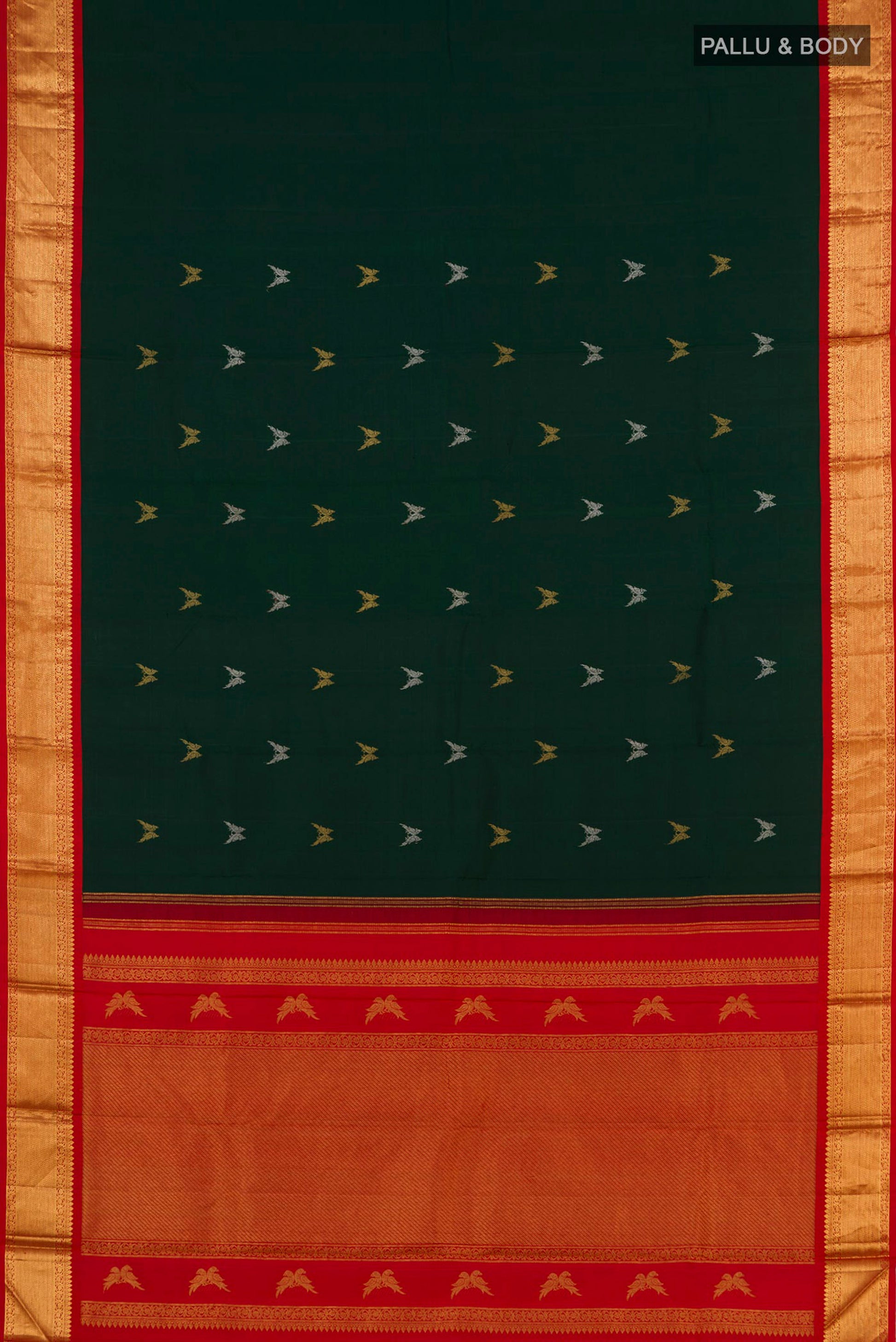 Flat view of Pure Silk Pure Zari Bottle Green Kanjivaram Saree with Zari Butta on the body and Zari Border. 