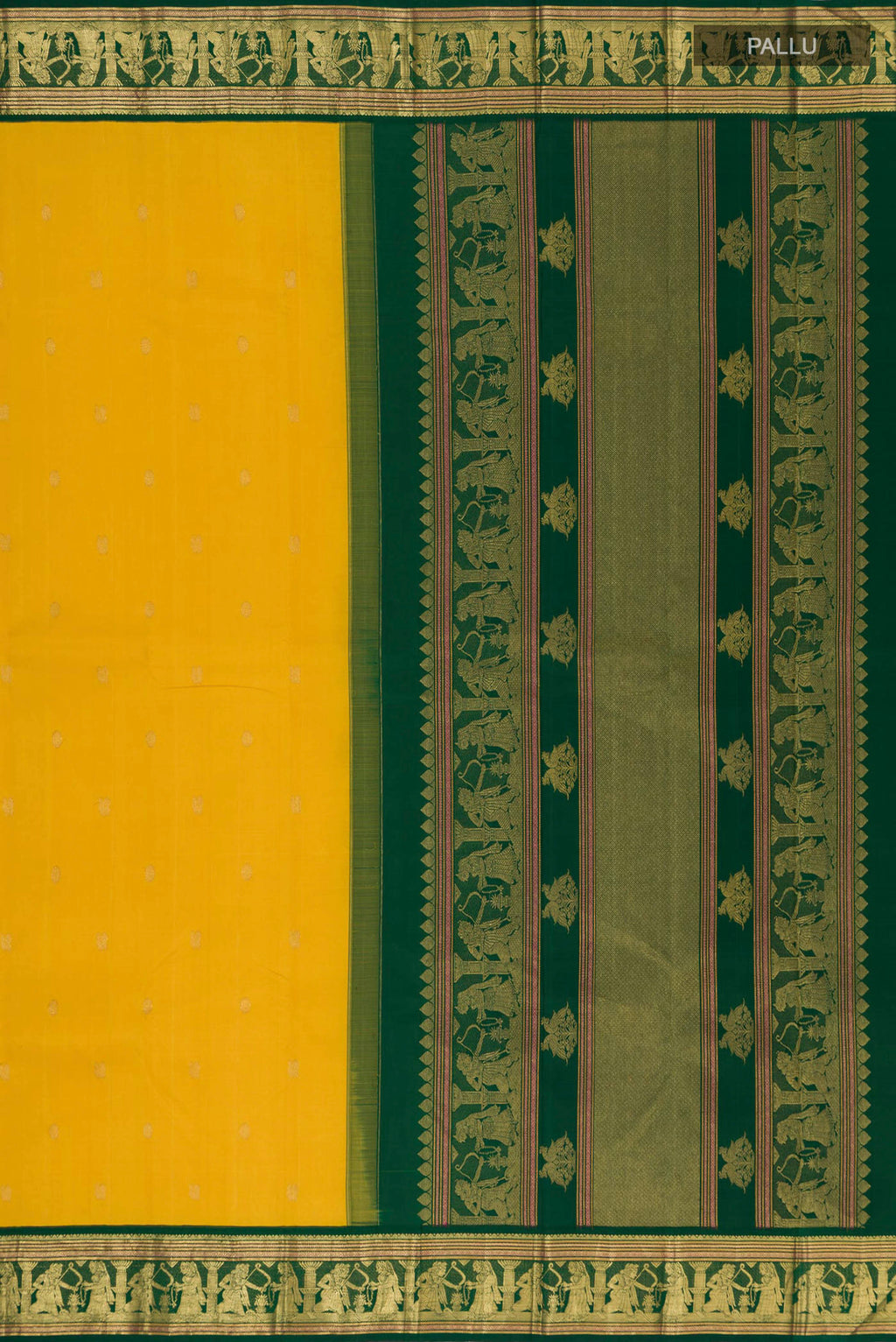 Close up image of the pallu of Pure Silk Pure Zari Yellow Kanjivaram Saree with Zari Butta on the body and Zari Border. 