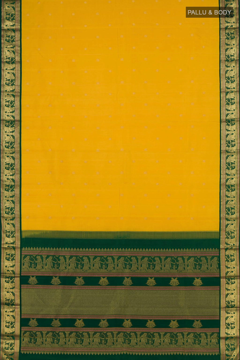 Flat view of Pure Silk Pure Zari Yellow Kanjivaram Saree with Zari Butta on the body and Zari Border. 