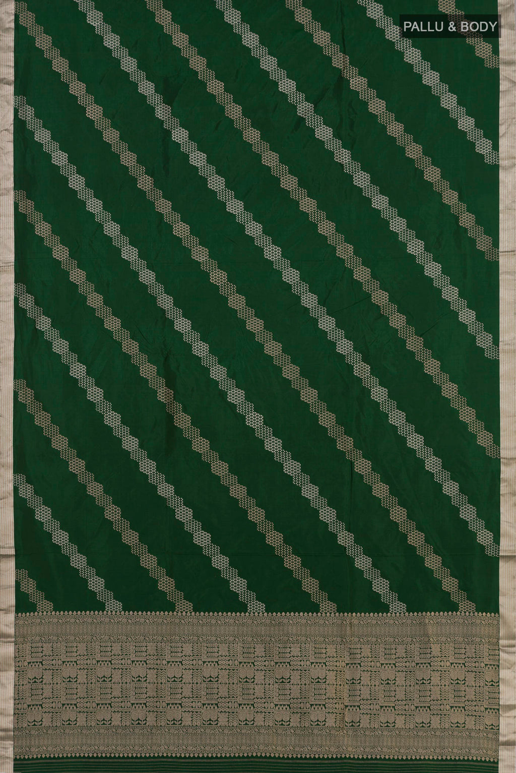 Flat view of Green Banarasi Katan Silk Saree with Fancy on the body and Thin Zari Line. 