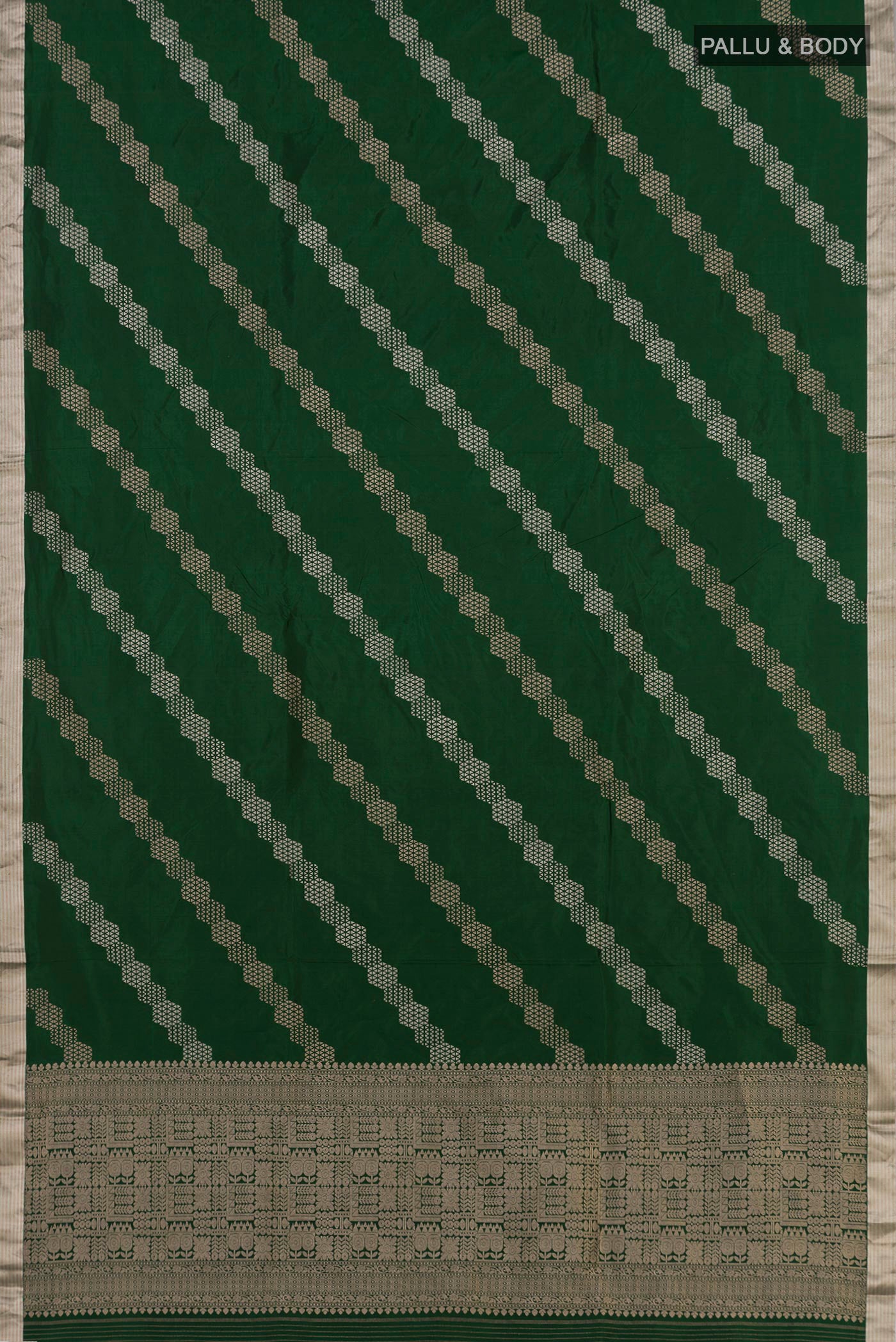 Flat view of Green Banarasi Katan Silk Saree with Fancy on the body and Thin Zari Line. 
