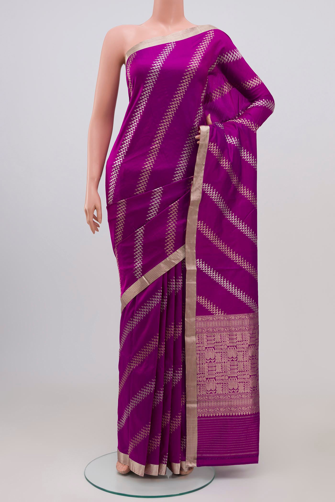 Rani Pink Banarasi Katan Silk Saree with Fancy on the body and Thin Zari Line.  displayed on a mannequin