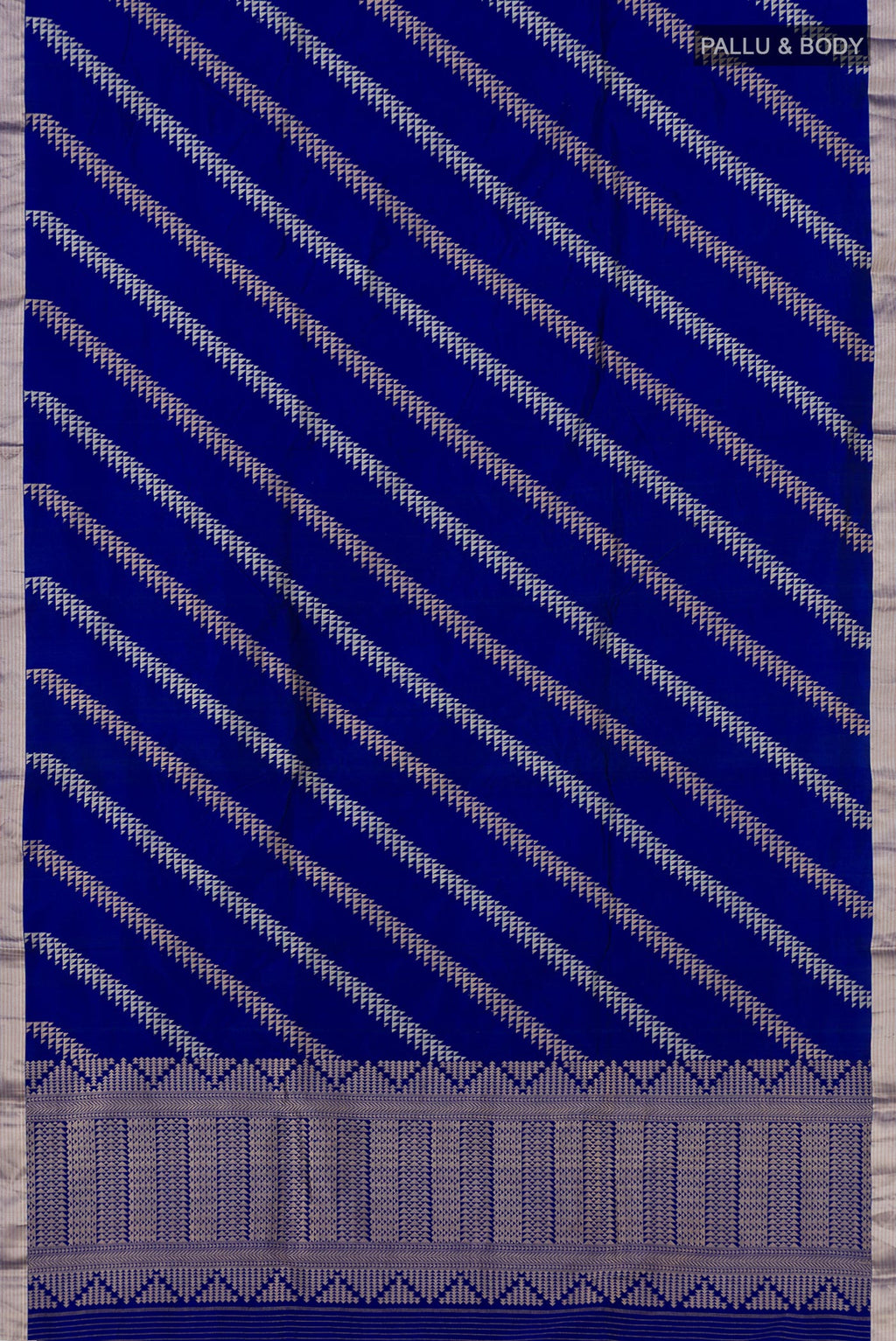 Flat view of Blue Banarasi Katan Silk Saree with Fancy on the body and Thin Zari Line. 