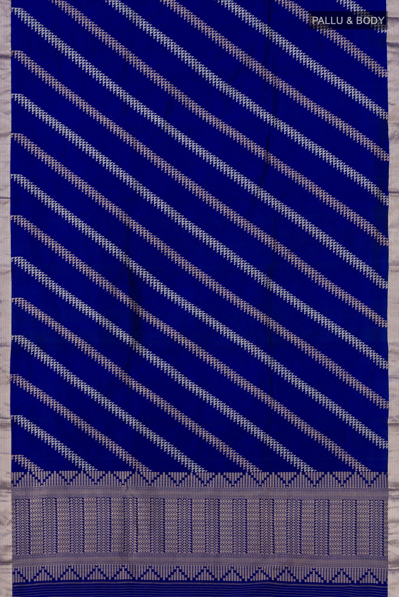 Flat view of Blue Banarasi Katan Silk Saree with Fancy on the body and Thin Zari Line. 