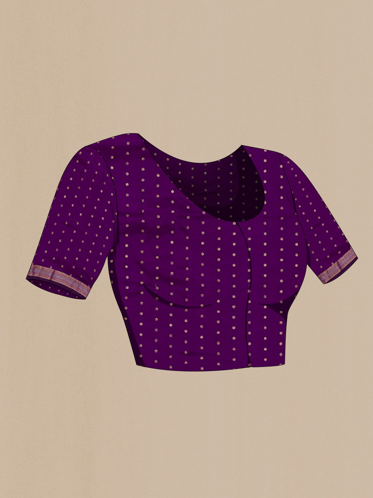 Close up image of the blouse of Purple Banarasi Katan Silk Saree with Zari Butta on the body and Zari Border. 