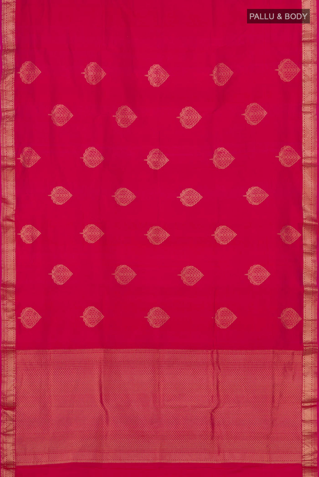 Flat view of Pink Banarasi Katan Silk Saree with Zari Butta on the body and Zari Border. 